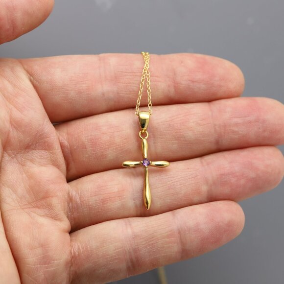 Silver Cross Natural Purple Amethyst Cross Pendant plated with 14k gold - Picture 9 of 10
